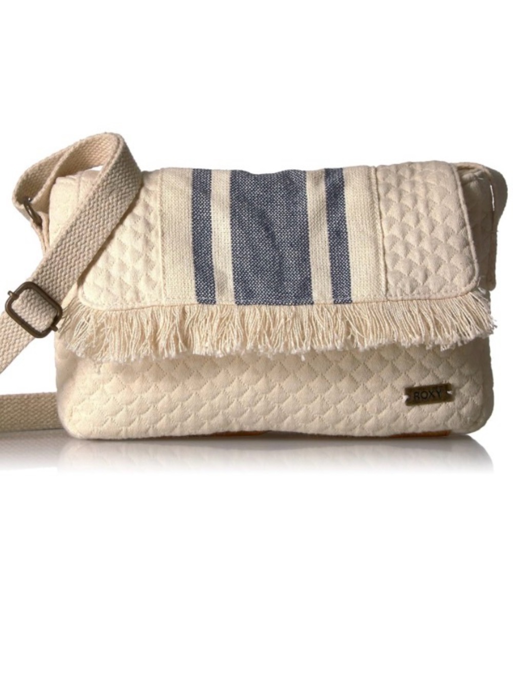 Roxy Cream Crossbody Cotton Bag with Blue Stripe Fringe